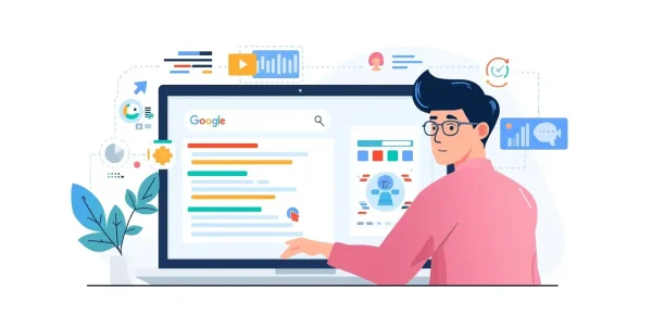A modern digital illustration showing a person typing a query in a Google search bar on a laptop, search results appearing with highlighted keywords and search intent analysis, futuristic AI search interface, SEO concept visualization, clean white background, modern flat infographic style, digital marketing concept, high resolution